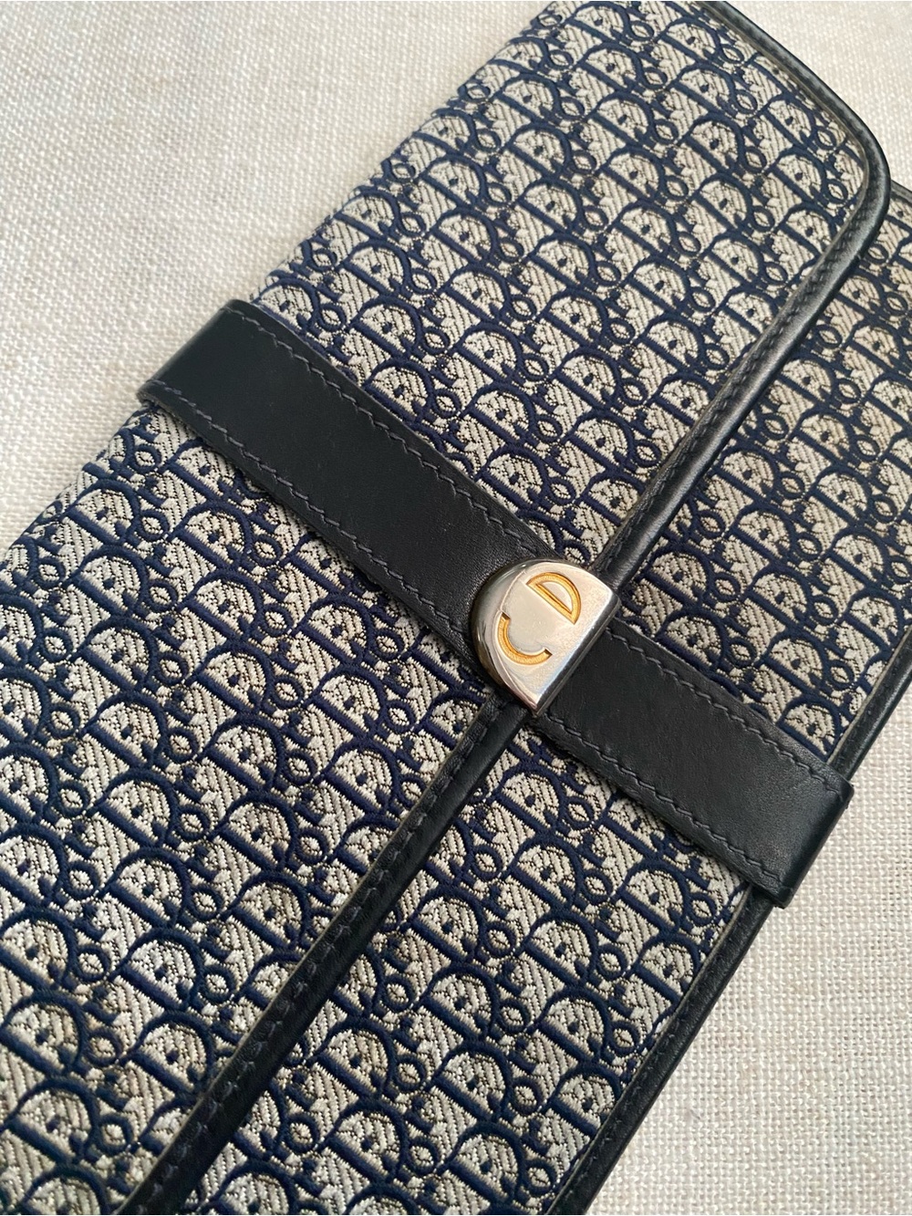Vintage Christian Dior Clutch Wallet EUC Strap Added Navy Canvas/Leather